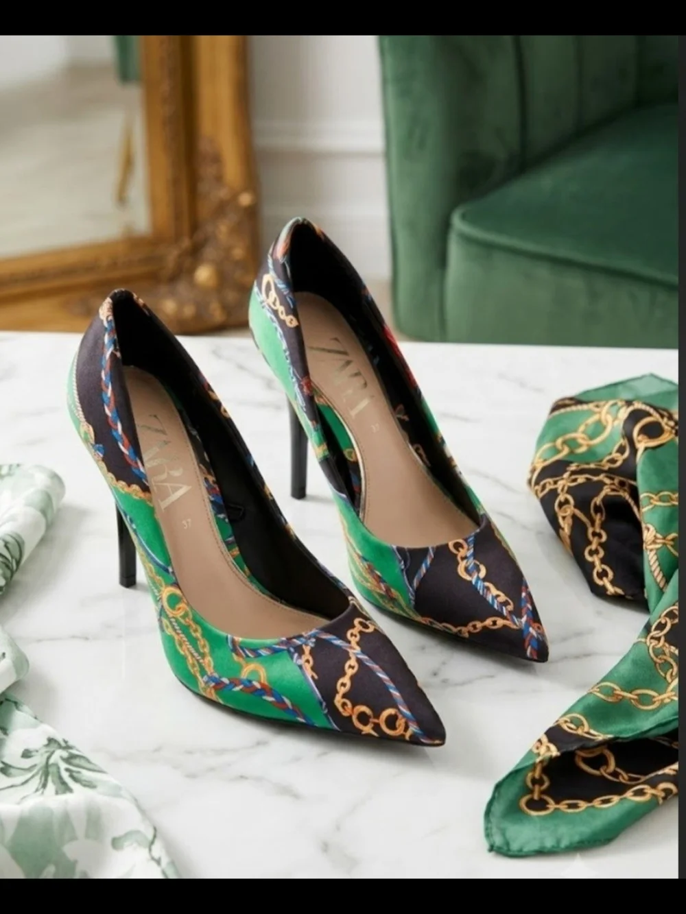 Zara Green & Black Chain-Print Pointed Pumps